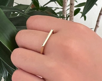 14k Solid Gold Signet Bar Ring / Real Gold Bar Ring / Elegant Design Thin Bar Ring / Handmade Fine Jewelry By Selanica