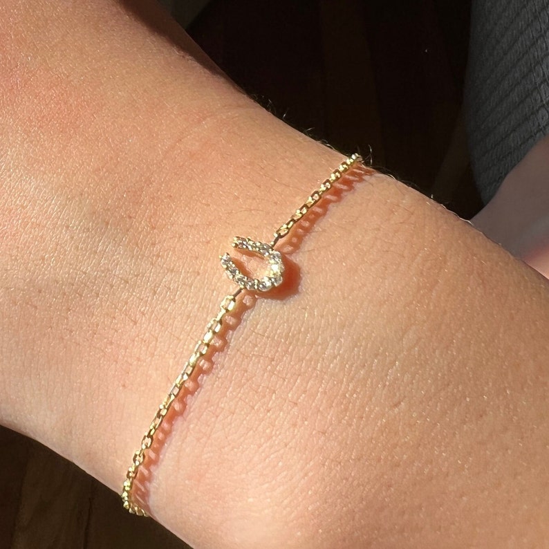 May include: A gold chain bracelet with a horseshoe charm adorned with clear rhinestones.