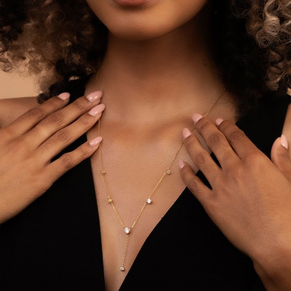 14k Solid Gold Lariat Necklace, Real Gold Y Necklace, Handmade Premium Fine Jewelry By Selanica