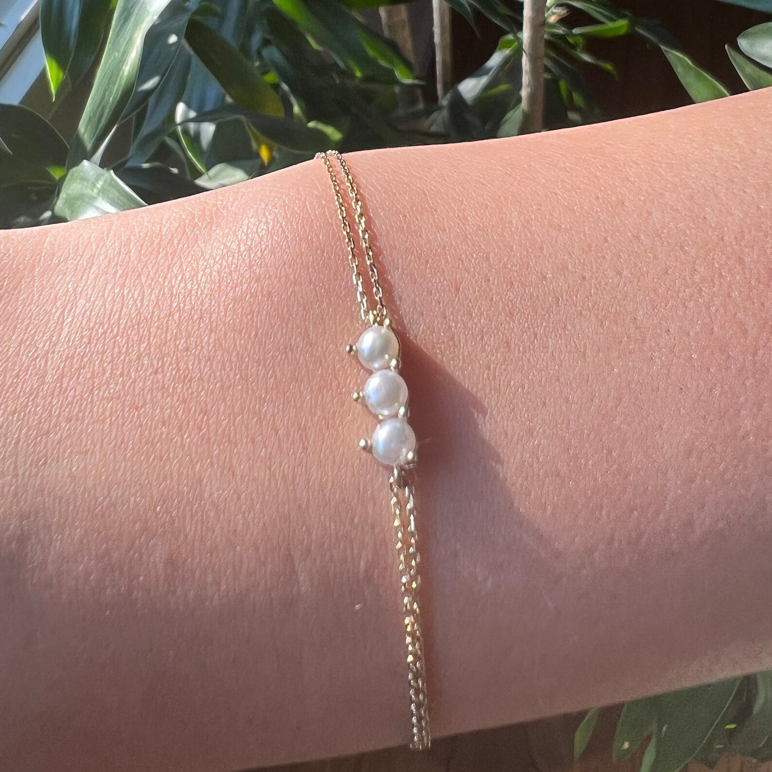 Gold 3 Pearl Bracelet 14k Solid Chain Bracelet Real Gold Etsy