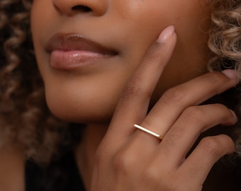 14k Solid Gold Signet Bar Ring, Real Gold Stackable Line Ring, Handmade Premium Fine Jewelry By Selanica