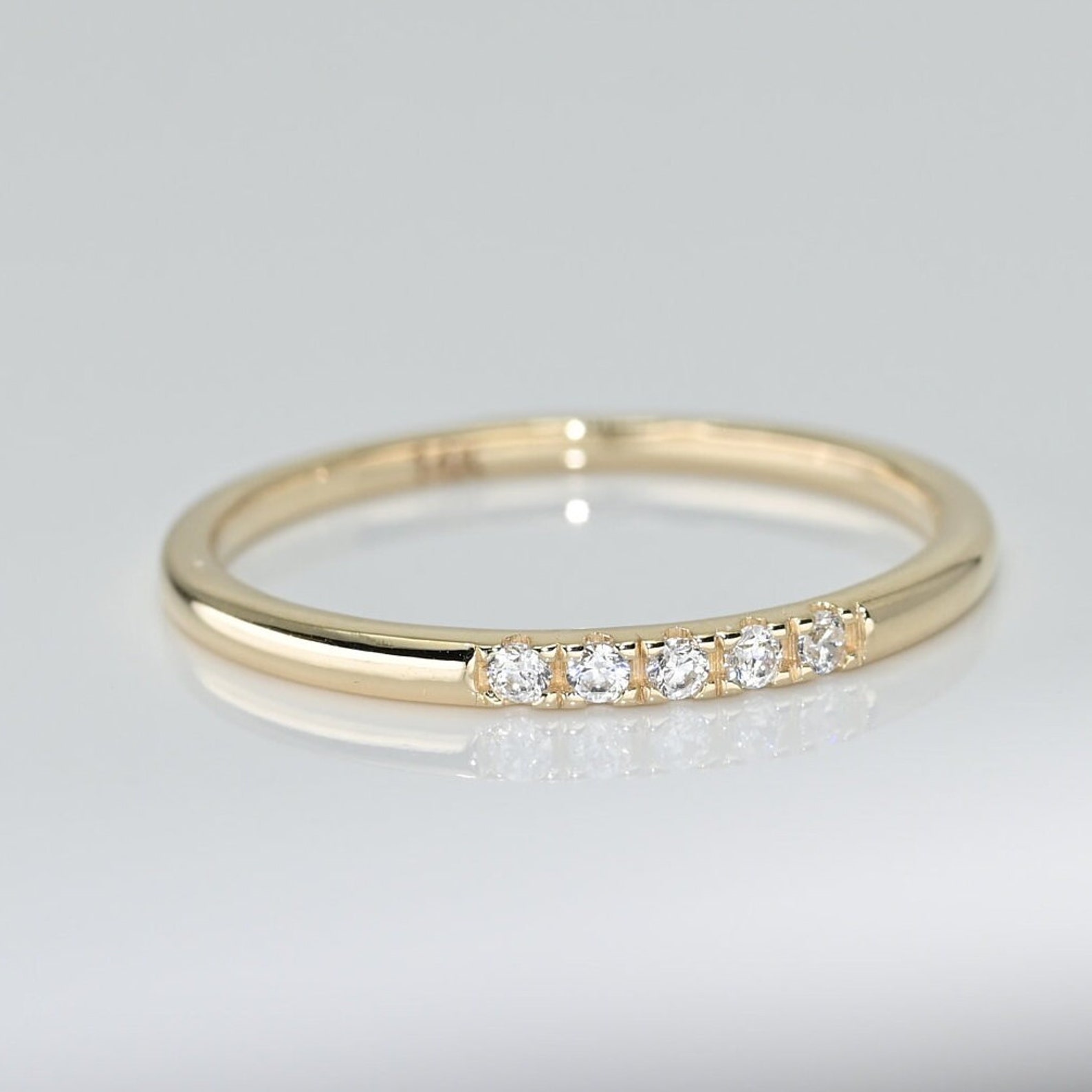 14k Solid Gold Dainty Pave Band Ring, Real Gold Stackable Unique Design ...