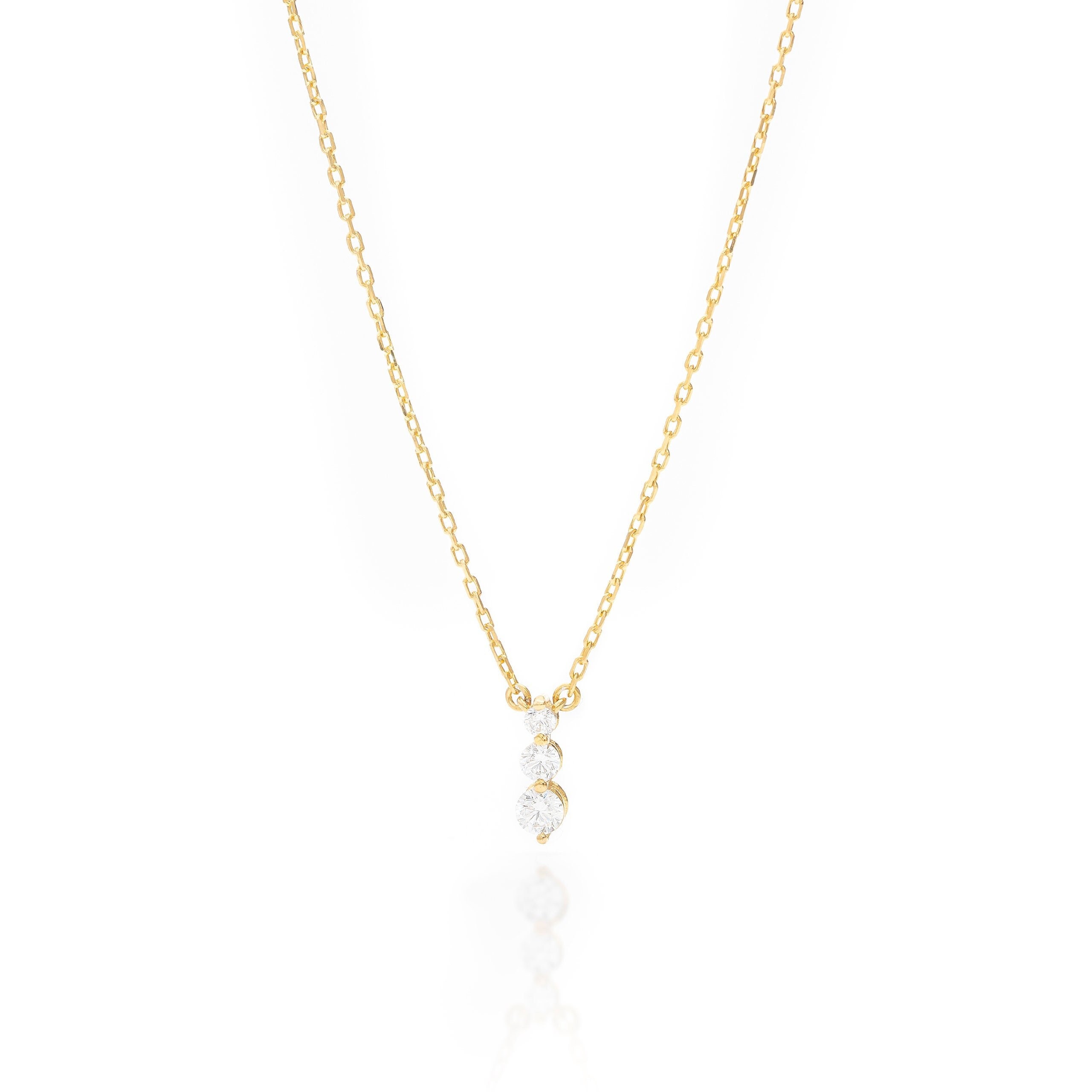 Solid Gold Three Stone Necklace: Dainty Moissanite Drop Pendant