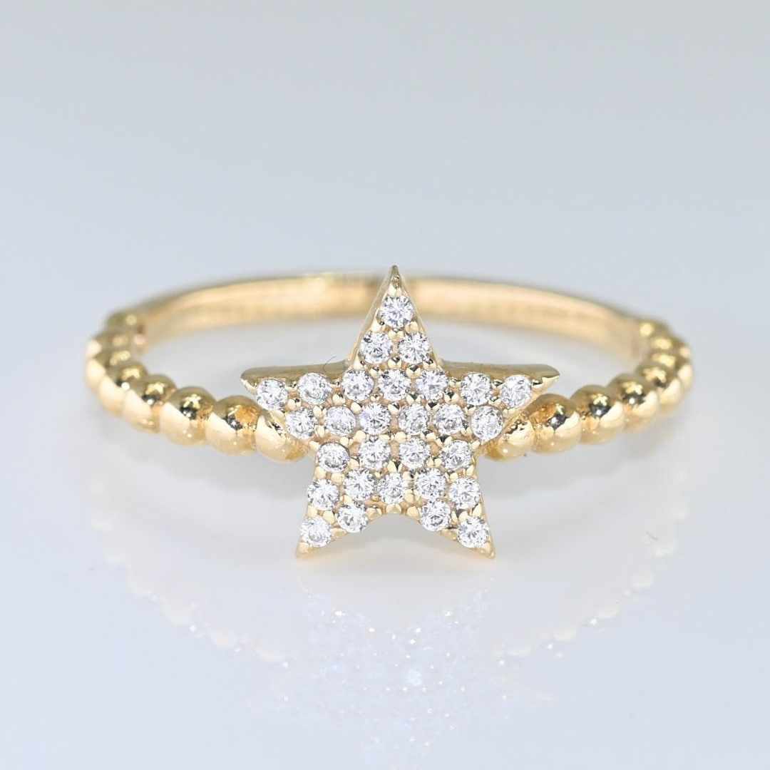 14k Solid Gold Star Ring, Real Gold Beaded Band, Celestial Cluster Ring ...
