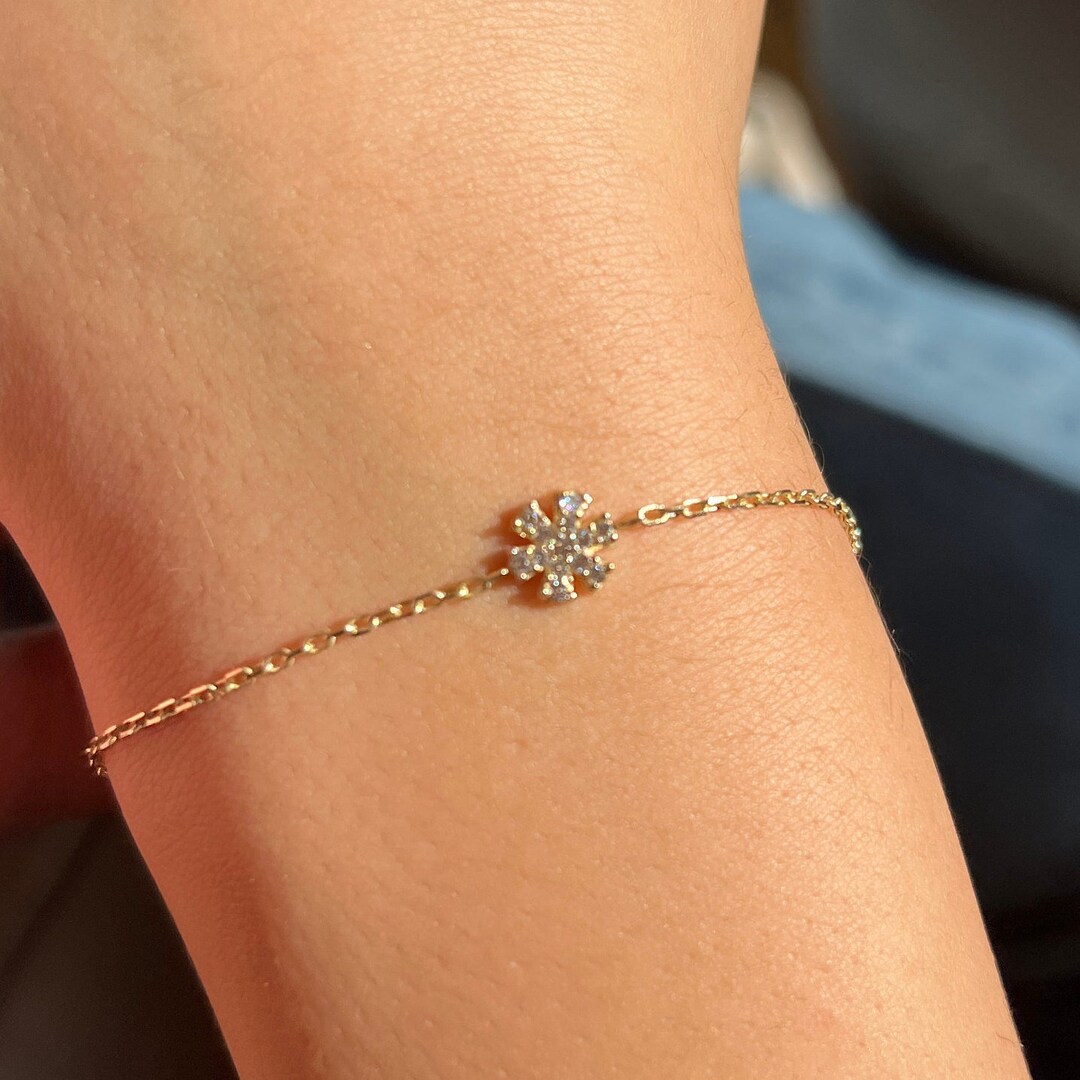 Solid Gold Chain Bracelet, Dainty Snowflake Bracelet, Real Gold 14k