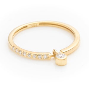 Solid Gold Dainty Charm Ring, Real Gold Premium Dangle Ring, Unique Design Pave Band For Her, Handmade Fine Jewelry By Selanica