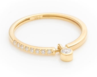 14k Solid Gold Dainty Charm Ring, Real Gold Dangle Ring, Unique Pave Band Design, Handmade Premium Fine Jewelry by Selanica