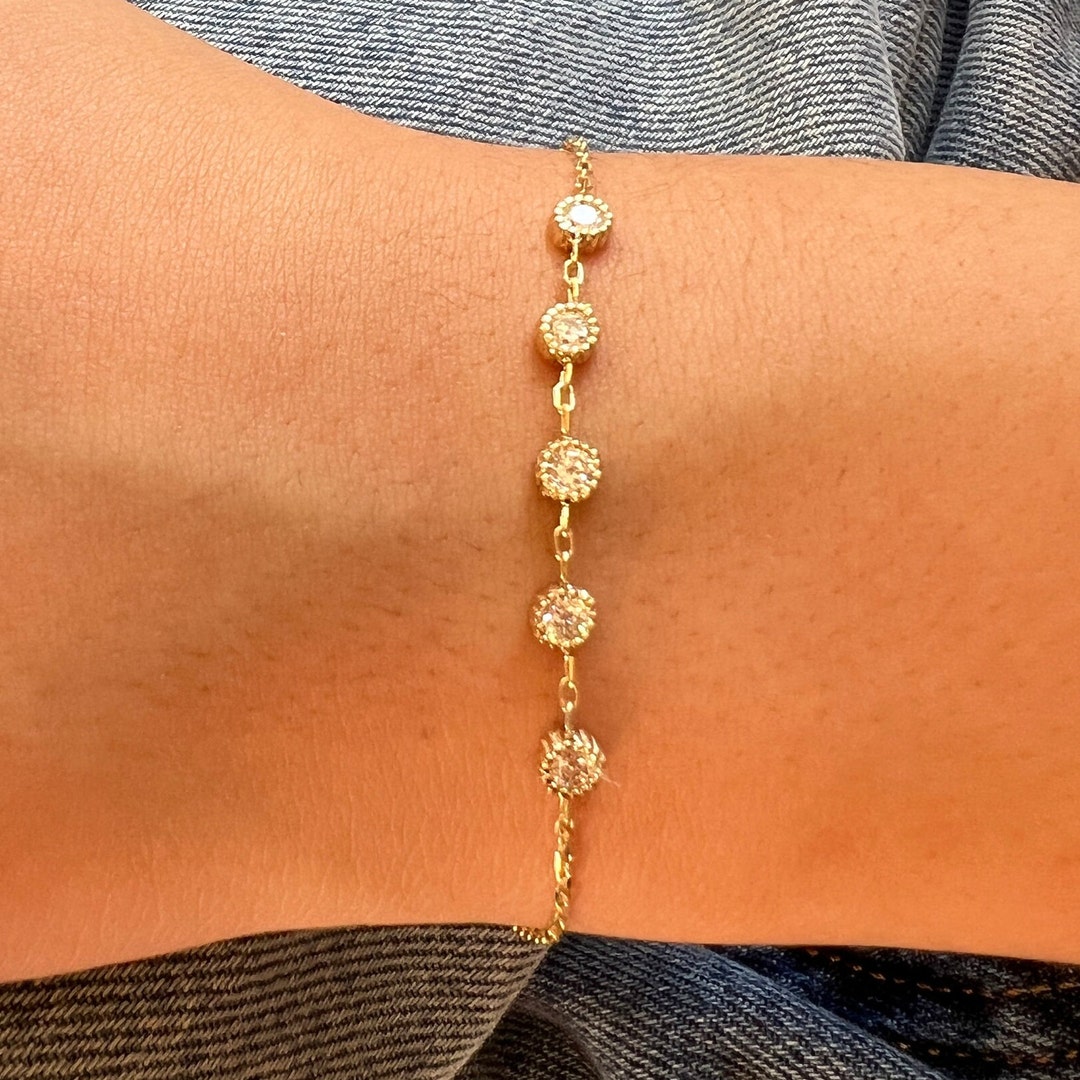 14k Solid Gold Bezel Bracelet, Dainty Chain Bracelet, Real Gold 5 Stone Bracelet for Her