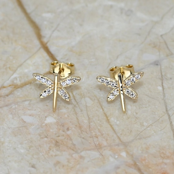 Solid Gold Dainty Dragonfly Earrings Real Gold Pair of Earrings