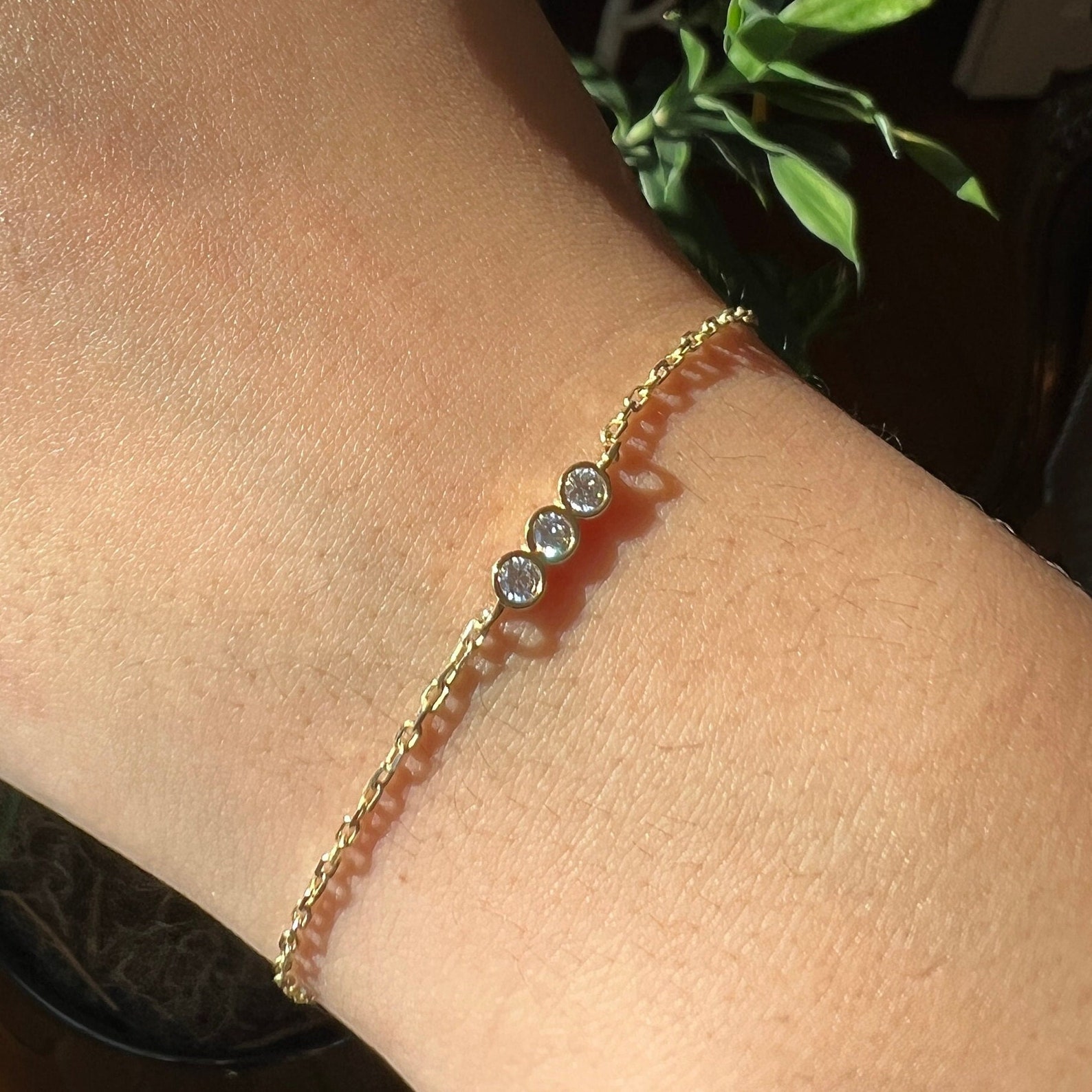 14k Solid Gold Bezel Bracelet, Real Gold Premium 3 Stone Bracelet, Handmade Premium Fine Jewelry by Selanica