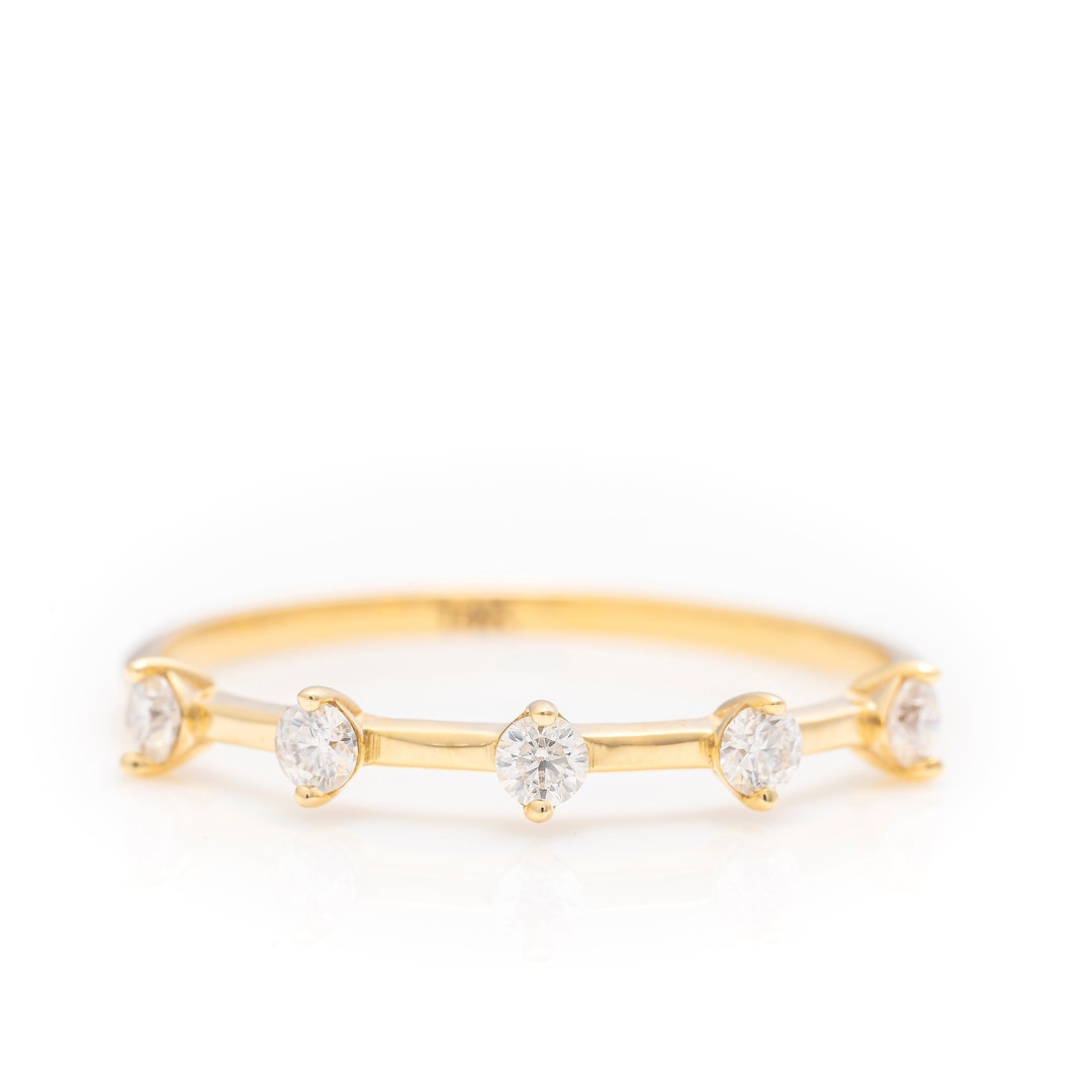14k Solid Gold Dainty Stackable Ring, Real Gold Elegant Five Stone Band ...