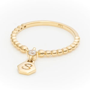 Solid Gold Personalized Charm Ring / Real Gold Initial Charm Ring / Premium Beaded Band / Handmade Fine Jewelry By Selanica