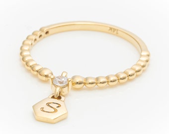 14k Solid Gold Personalized Charm Ring, Real Gold Letter Charm, Initial Dangle Ring, Handmade Premium Fine Jewelry by Selanica