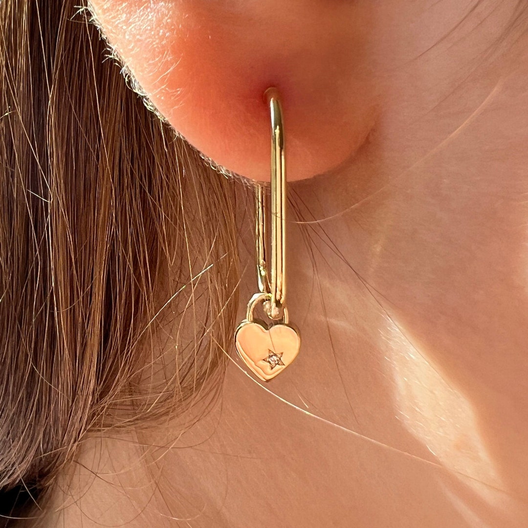 14k Solid Gold Dangle & Drop Hoop Earrings Real Gold Heart Etsy