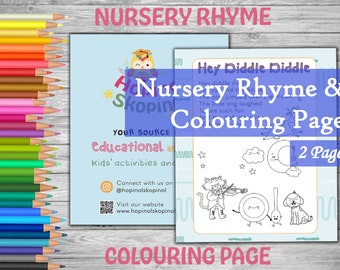 Nursery Rhyme Colouring Page- Hey Diddle Diddle. Kids Colouring Page, Printable Download, Toddler Activity, Preschool Learning, PDF Download