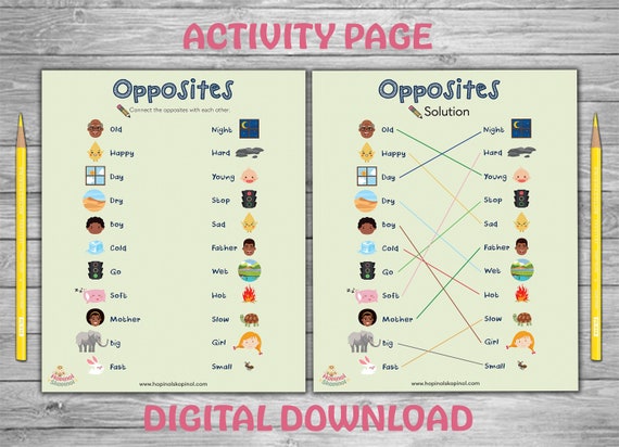 activity page printable opposites kids activity page etsy