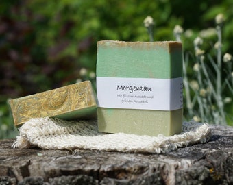 Handgefertigte Pflanzenölseife "Morgentau", sehr pflegend mit frischer Avocado, für trockene Haut, Bestseller, frischer, grüner Duft