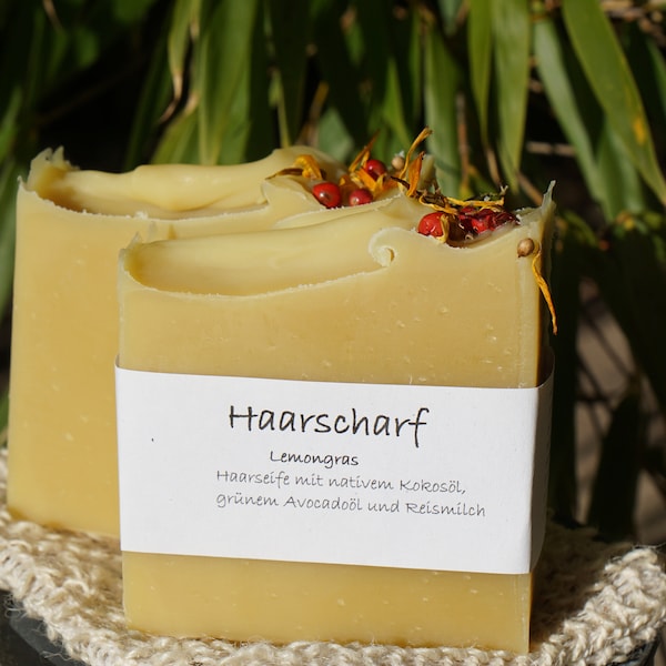 Haarseife "Haarscharf-Lemongras", Naturseife handgemacht mit Reismilch und 20 % grünem Avocado-Öl, ätherisches Lemongrasöl