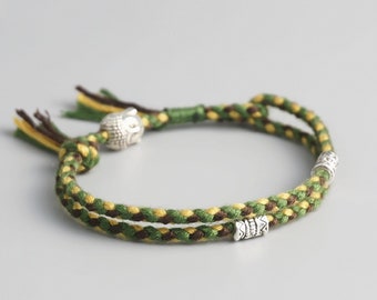 Tibetan Buddhist Lucky Bracelets or Anklets | Green - Yellow | Cotton ribbon with Buddha & lucky symbols