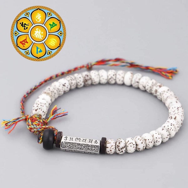 Tibetisches Natur- Bodhi Armband weiß | Glücks - Mantra Om Mani Padme Hum
