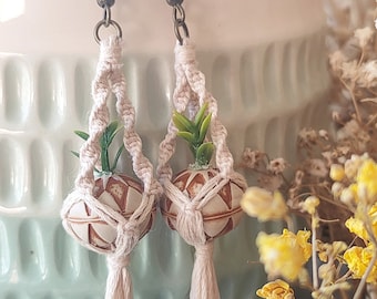 Pendientes de macramé con forma de planta, planta artificial, hilo de algodón beige, joyería bohemia.
