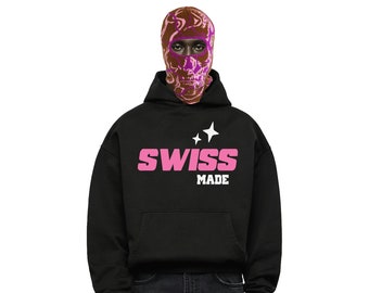 GCBalaclava Swiss Made Cotton Boxy Puff T Hoodie Black Pink Logo y2k Fashion Graphic Hoodie, Unisex Hoodie, Gift For Him-450 GSM Heavy