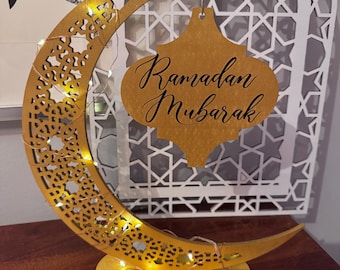 Décoration réversible en bois de croissant de lune avec guirlandes lumineuses - Ramadan Kareem et Eid Mubarak - Décoration de table islamique. Assemblage requis.