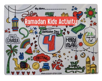 Set de table d'activités pour enfants du ramadan - Tapis à colorier réutilisable en silicone avec marqueurs et étui de transport - Amusement de table iftar - Cadeau du ramadan pour les enfants