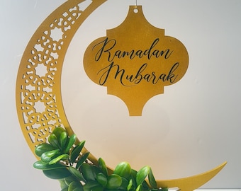 Reversible Ramadan Kareem/Eid Mubarak crescent moon wood decor, painted in gold finish. Ramadan Eid Decoration, Ramadan table decor