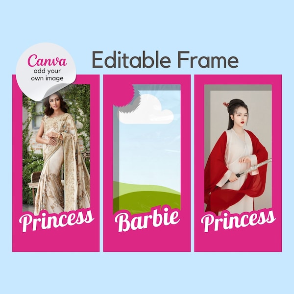 Editable Doll Box, Barbi Photo Frame, Canva PNG Template Bundle