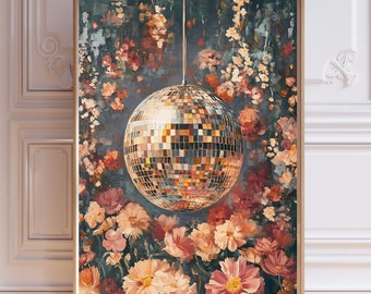 PRINTABLE Disco Ball Wall Art, Retro Flower Print, Maximalist Floral Poster, Light Cottagecore, Eclectic Boho Granny Chic, Dopamine Decor