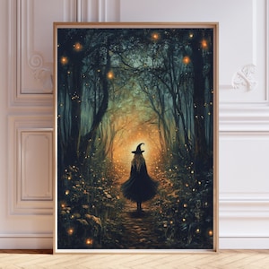 Pintura de bruxa da floresta para impressão, decoração de outono temperamental, impressão eclética vintage de outono, arte de parede pagã de Halloween, pôster espiritual de floresta Wicca