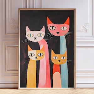 Mid-Century Katze Druck, MCM Wand Kunst, eklektische Malerei, Retro Futurismus Pop Art, Dopamin Dekor, abstrakter Maximalismus, Funky Poster
