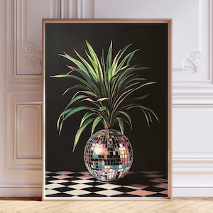 Diskokugel Botanischer Druck, Maximalist Funky Druck, dunkle MCM Wandkunst, eklektische Retro Malerei, 70er Jahre Dekor, Zimmerpflanze Y2K Kunst