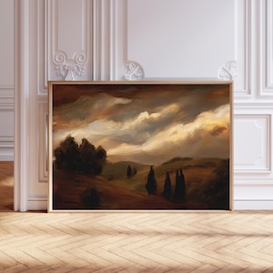 PRINTABLE Moody Landscape Digital Art Print – Dramatic Sky Wall Art, Tuscan Style Countryside, Rustic Sunset Horizon Decor, Warm Tone Art