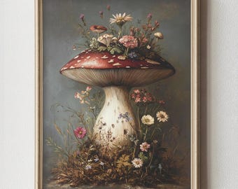 PRINTABLE Mushroom Floral Art | Whimsical Forest Decor | Cottagecore Botanical Wall Print | Fungi Fairycore Poster | Moody Boho Download