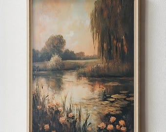 Willow Pond Landscape Printable Romantic Cottagecore Decor, Vintage Nature Wall Art, Rustic Farmhouse Print