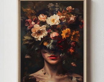 Flower Head Surreal Portrait, Printable Dark Feminine Eclectic Decor, Gothic Botanical Cottagecore Wall Art