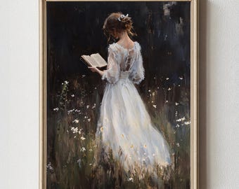 Woman Reading Book Wildflower Painting, Bookish Decor, Moody Victorian Wall Art, Dark Academia (Printable)