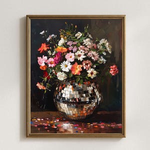 PRINTABLE Disco Ball Moody Florals, Maximalist Funky Art Poster, Indie Art, Dark Cottagecore, Retro Eclectic Wall Art, Wildflower Bouquet