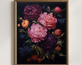 Moody Peony Oil Painting Printable Gothic Botanical Wall Art | Dark Maximalist Floral Whimsigoth Decor