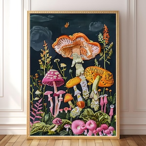 May include: A framed embroidery artwork depicting a variety of colorful mushrooms in a dark forest setting. The mushrooms are arranged in a cluster, with some standing tall and others lying on the ground. The artwork is framed in a gold frame.