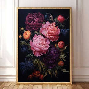 PRINTABLE Dark Moody Peony Floral Oil Painting, Cottage Dark Academia Wall Art, Bold Botanical Flower Print, Whimsigoth Victorian Maximalist