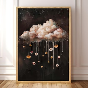 DRUCKBARE Blumen Wand Kunst | Dunkler Blumendruck | Stimmungsvoller Traumkern | Dark Cottagecore Herunterladen | Surrealer Nachthimmel Blumendruck