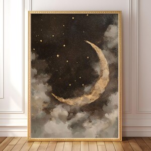 Stampa artistica digitale di Luna crescente / Stampa artistica da parete con cielo notturno / Poster con Luna e stelle celesti / Stampa Dark Academia / Decorazione rustica da strega