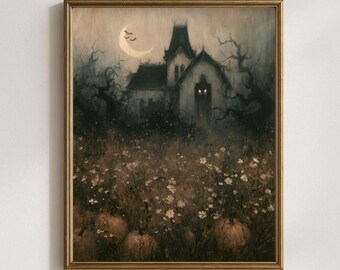 Vintage Haunted House Painting, Printable Halloween Cottagecore Decor, Moody Autumn Landscape, Victorian Goth Mansion, Spooky Fall Wall Art