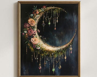 PRINTABLE Boho Gothic Crescent Moon Art – Dark Floral Wall Decor with Jewels, Witchy Celestial Digital Download, Mystical Moon Print