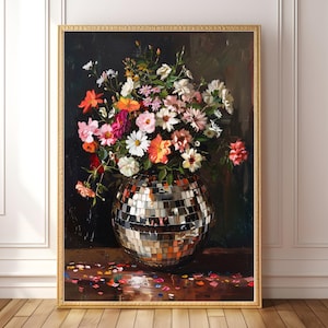 Disco Ball Moody Florals, Maximalist Funky Art Poster, Indie Art, Dark Cottagecore, Retro eklektische Wandkunst, Wildblumenstrauß
