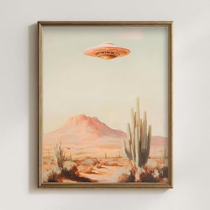 Ovni imprimable art mural désert - téléchargement numérique paysage science-fiction rétro, art surréaliste de cactus occidental, décor extraterrestre éclectique, impression de la zone 51