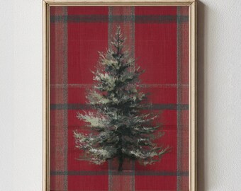 Plaid Christmas Tree Wall Art Printable Winter Holiday Decor | Rustic Evergreen Farmhouse Digital Print